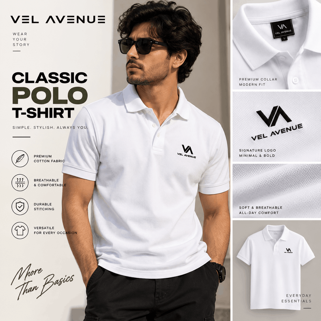Vel Avenue Classic White Polo T-Shirt