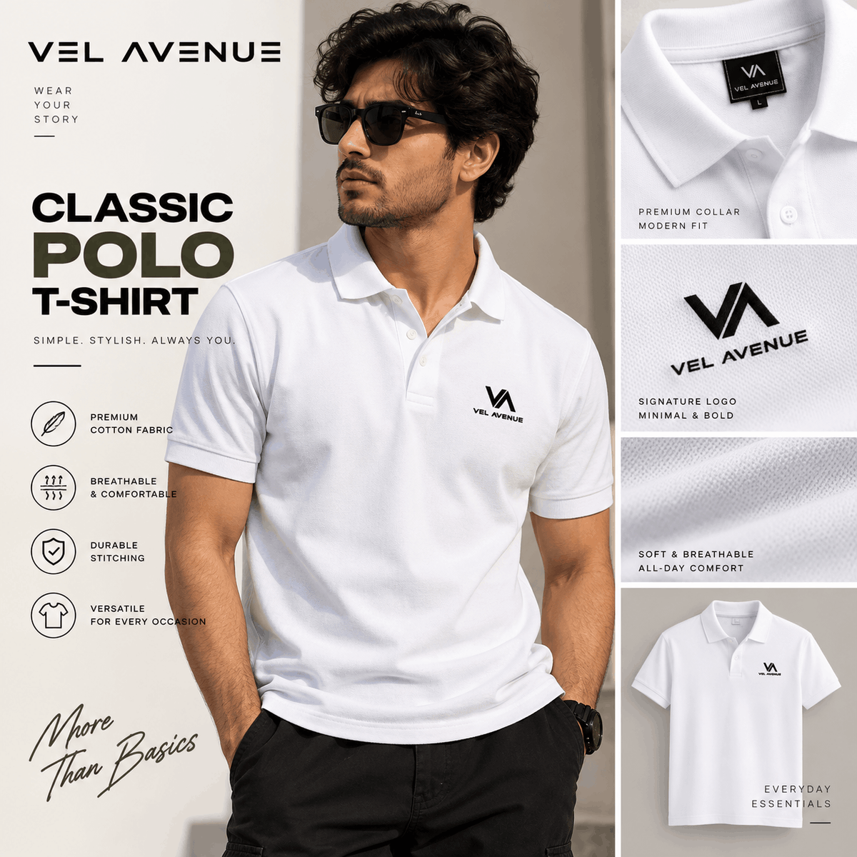 Vel Avenue Classic White Polo T-Shirt