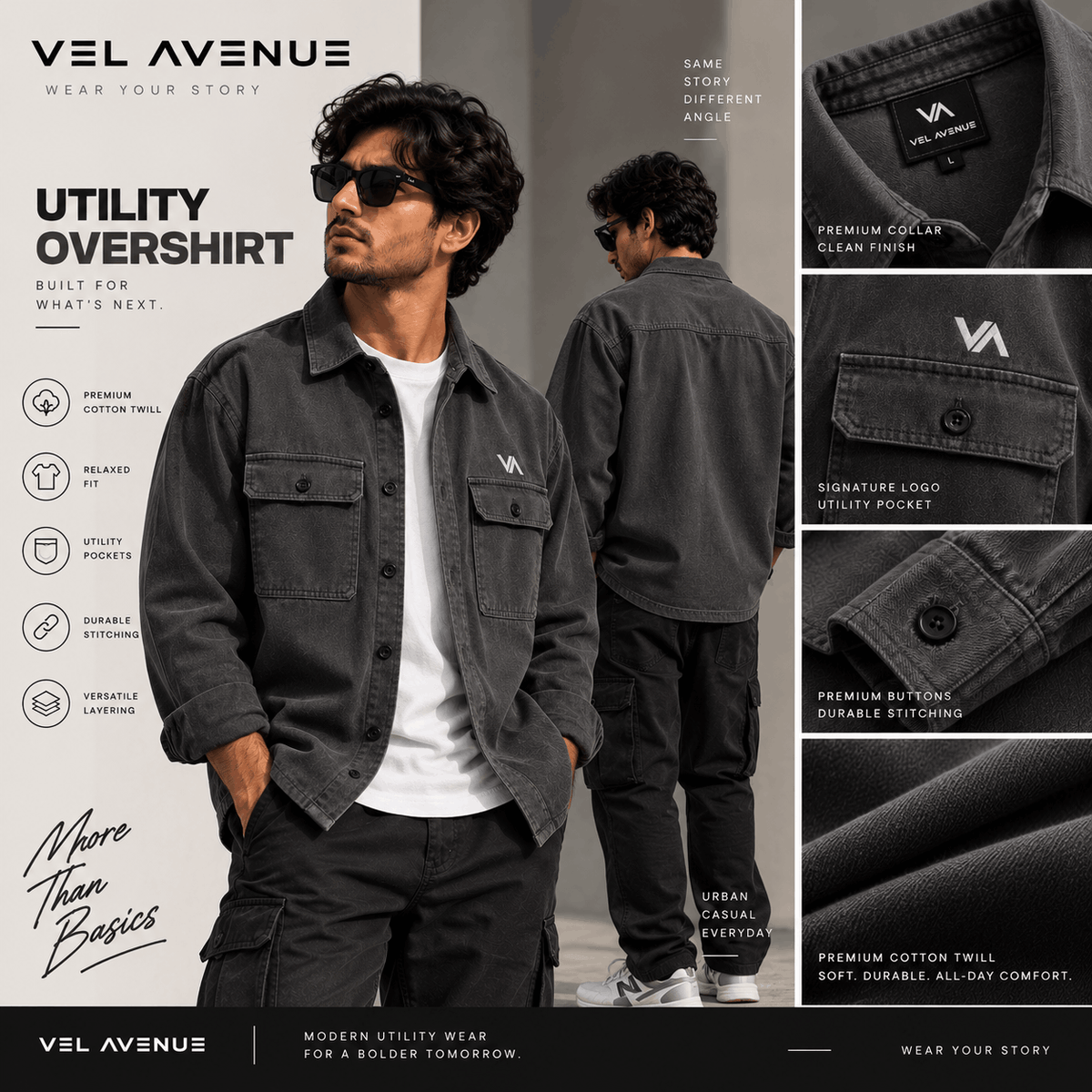 Vel Avenue Urban Utility Overshirt – Charcoal